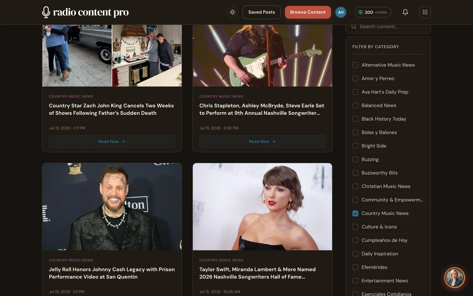 The Radio Content Pro browse feed: AI-curated country music stories, each labeled by category, with a search and category filter for your format.